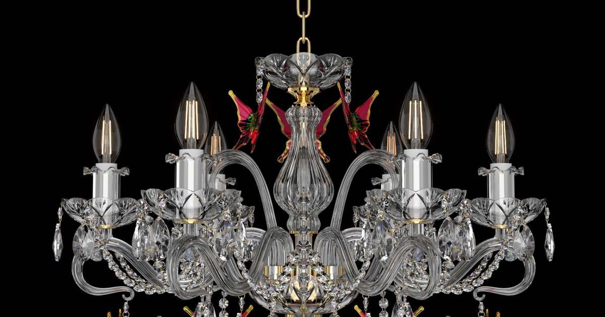 6-arm crystal chandelier with glass butterflies | Bohemian glass