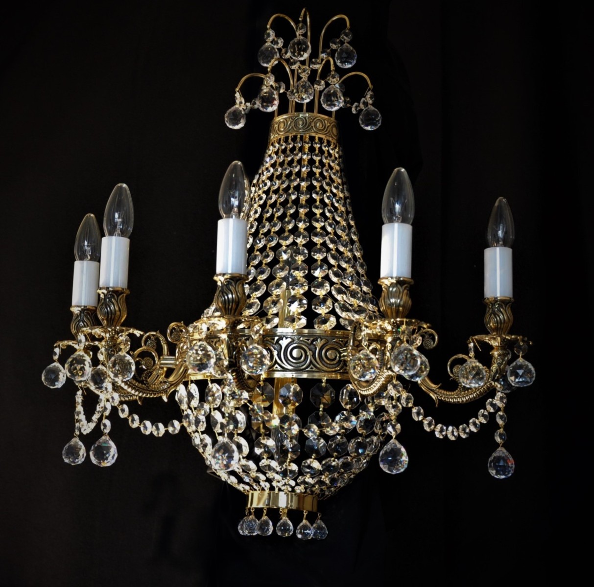 5-bulbs Small cast brass basket chandelier with strass stones and