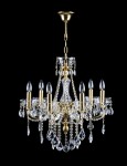 The general view of a strikingly golden crystal chandelier with glass cups in the shape of a tulip flower