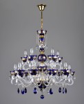 A blue crystal chandelier with 15 arms and design glass arms