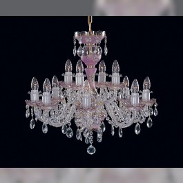 12-arm crystal chandelier decorated with hand painting on pink frosted glass, the so-called CRYSTAL FOND