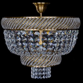 Brown basket chandelier with two decorative bands of cut crystal pearls