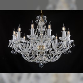 Very wide and at the same time very low crystal chandelier with cut pyramids