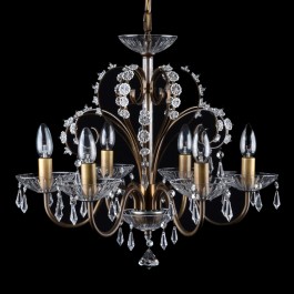 The 6 Arms plain crystal chandelier with cut crystal drops ANTIK brass.