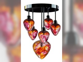 Red chandelier with six hearts and black lacquered metal