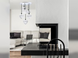 Chandelier with glass hearts in the bedroom interior