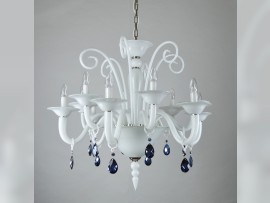 White chandelier with dark blue (Blue Sky) crystal almonds