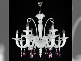 White chandelier with purple crystal trimmings without lampshades