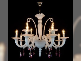 White chandelier with purple crystal trimmings without lampshades - lit