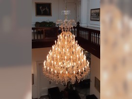 View of the chandelier from the gallery of the hall