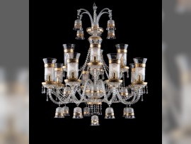 12-arm crystal chandelier with crystal diamond cut vases & gilded bells