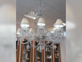 8-arm crystal chandelier with crystal prisms & white lampshades