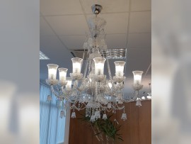 lighted large 10-arm crystal chandelier with crystal bells & cut vases