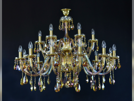 Large 18-arm chandelier made of plated colored glass