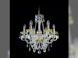 A sky blue chandelier made of plated crystal with a shade of blue soap bubbles