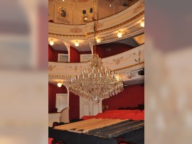 Lowering the chandelier to the floor of the theater for service