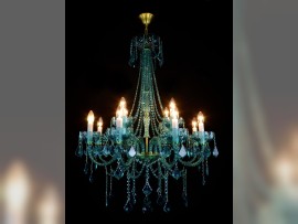 Turquoise crystal chandelier 12-arm with white glass tubes (lit state)