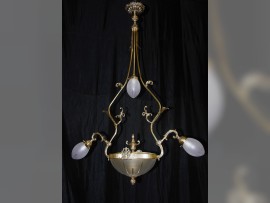 Art Nouveau chandelier with a glass bowl and three lanterns 1