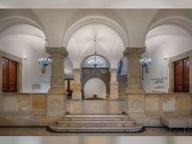 Sample of blue chandeliers in the hall of the house