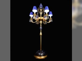 6-arm tall cast brass floor lamp with blue glass and blue shades