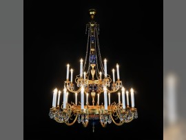 Large 24-arm chandelier with blue glass and artistic etching