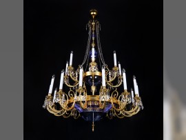 24-arm chandelier with birds on dark blue glass