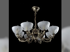 Cast nickel-plated brass chandelier with sandblasted glass bowls