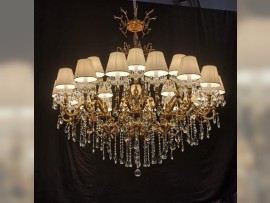 Large crystal chandelier made of cast brass with white lamp-shades dia 152 cm - lit