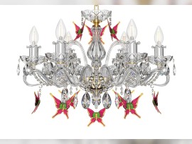 Detail 2 of a crystal chandelier with red butterflies