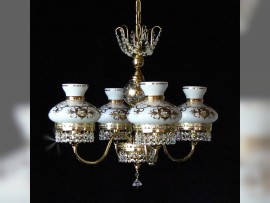 The 4 arms crystal chandelier with milk glass schirms