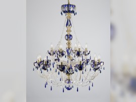 Unique hand-painted chandelier made of sapphire blue glass decorated with 24K gold.