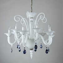 White chandelier with dark blue (Blue Sky) crystal almonds