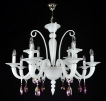 White chandelier with purple crystal trimmings without lampshades