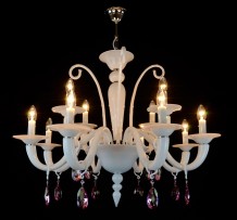 White chandelier with purple crystal trimmings without lampshades - lit