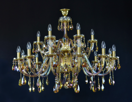 Large 18-arm chandelier made of plated colored glass