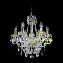 A sky blue chandelier made of plated crystal with a shade of blue soap bubbles
