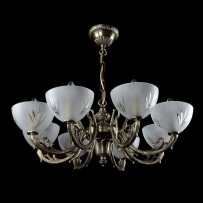 Cast nickel-plated brass chandelier with sandblasted glass bowls
