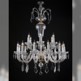 Luxurious tall chandelier with 18 arms with flat crystal pendeloques