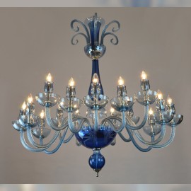 Blue chandeliers made of smooth glass decorated with etching in Murano style