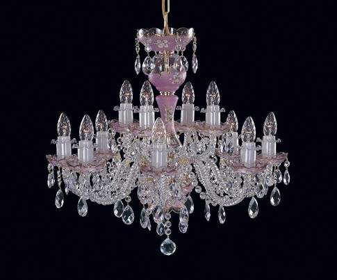 12-arm crystal chandelier decorated with hand painting on pink frosted glass, the so-called CRYSTAL FOND