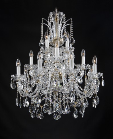 Larger crystal chandelier with 16 glass arms densely decorated with crystal almonds