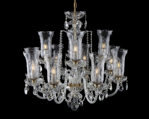 Luxury Czech crystal chandelier with 12 tulip flower-shaped engraved vases - view from above