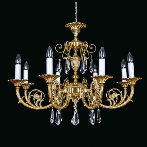 8-arm Massive crystal chandelier made of golden brass