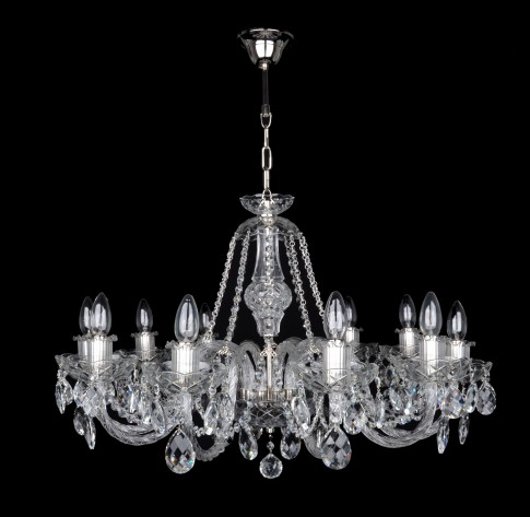 10-arm crystal chandelier of molded crystal glass and silver metal, cut crystal almonds PRECIOSA