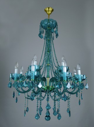 Turquoise crystal chandelier 12-arm with white glass tubes