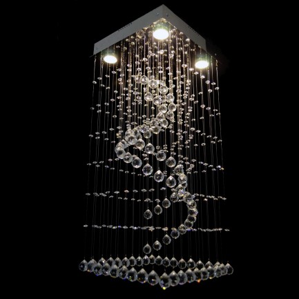 Modern chandeliers with a square mirror and a glowing spiral