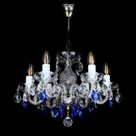 Crystal chandelier with antique silver metal and blue almonds