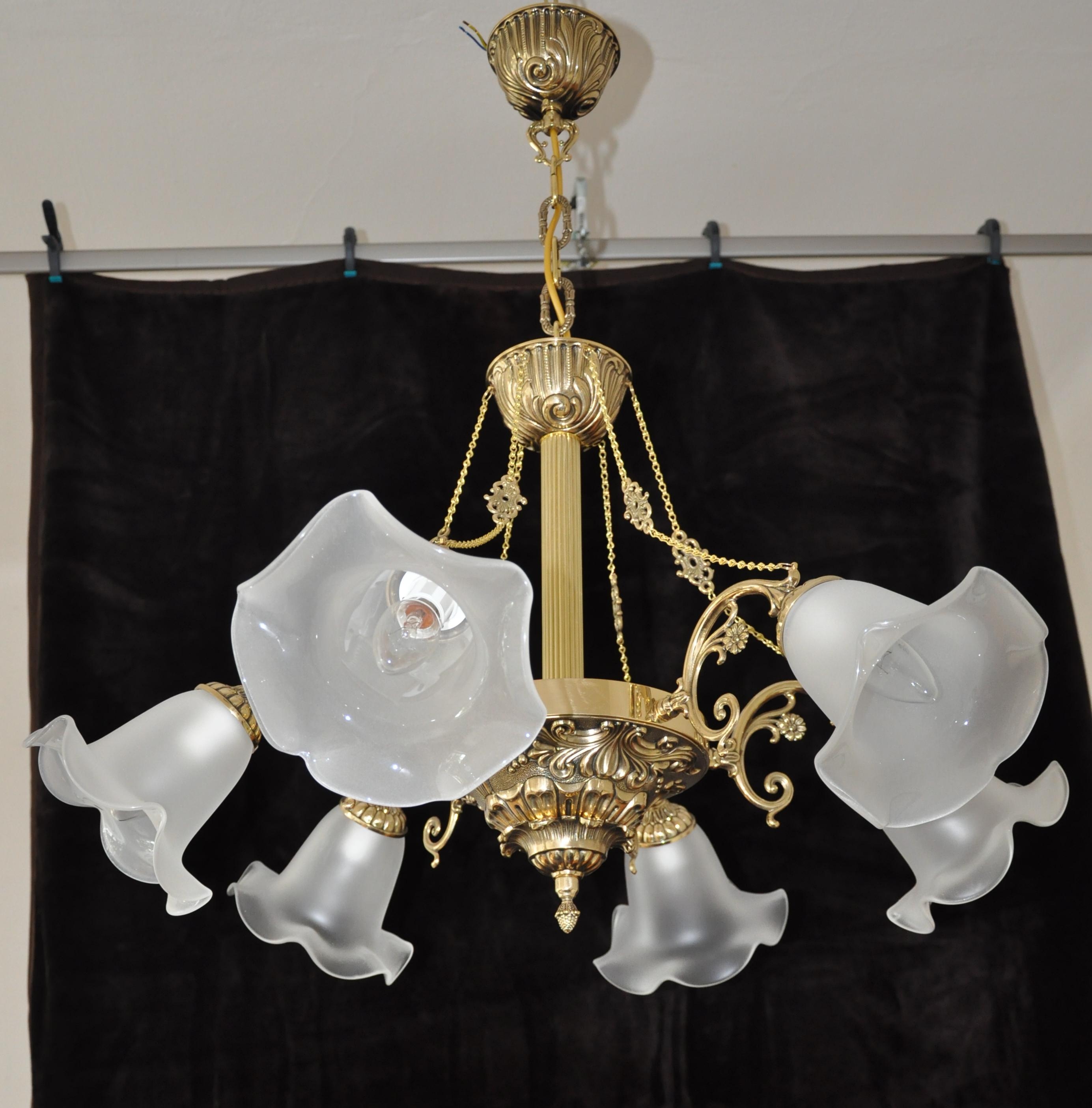 5-arm cast brass chandelier with cut crystal drops